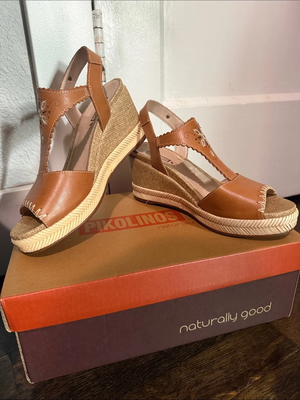 Pikolinos Mojacar Brandy Leather Espadrille Wedge Sandals Sz 39